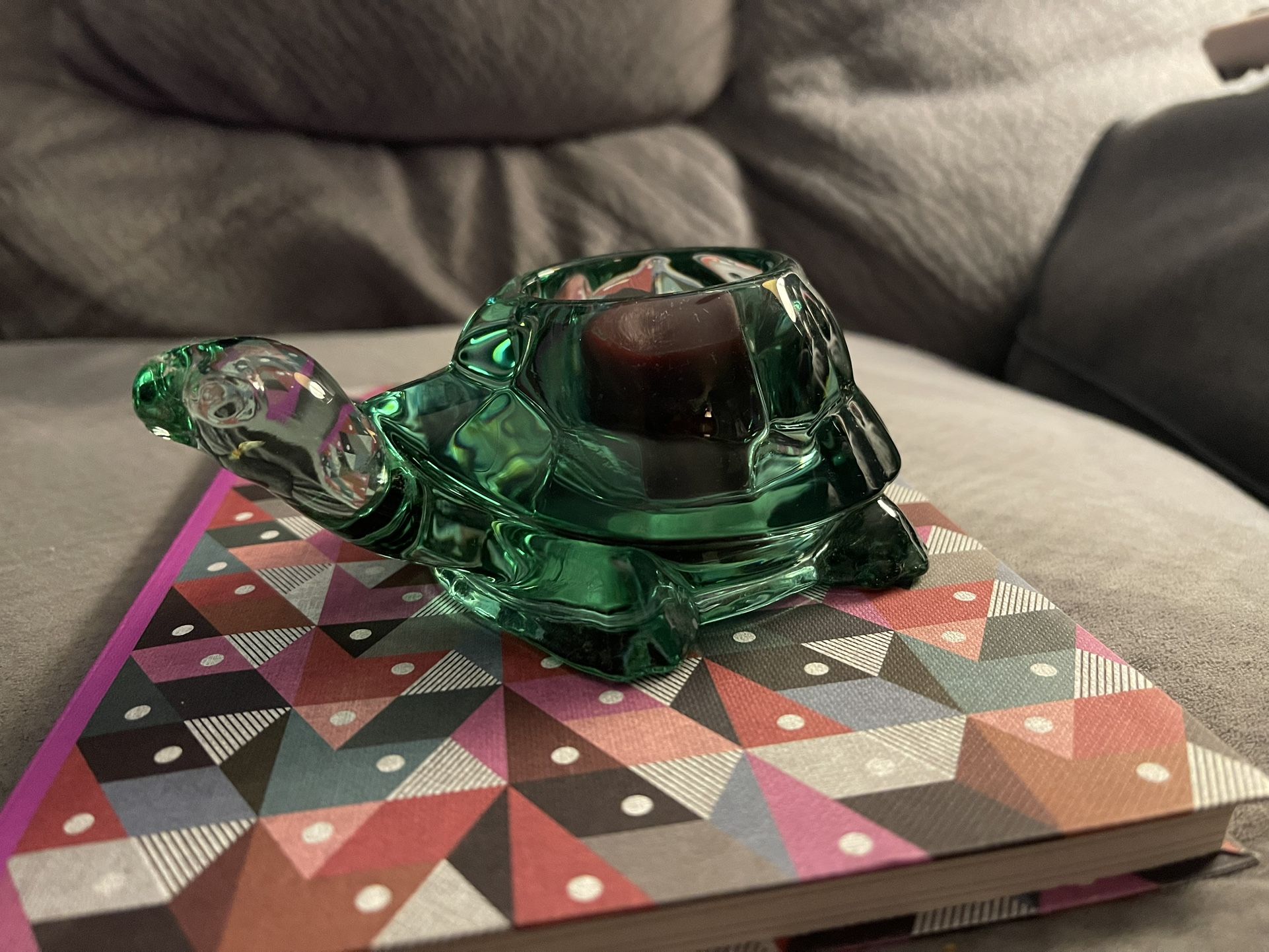 Green Glass Turtle Candle Holder