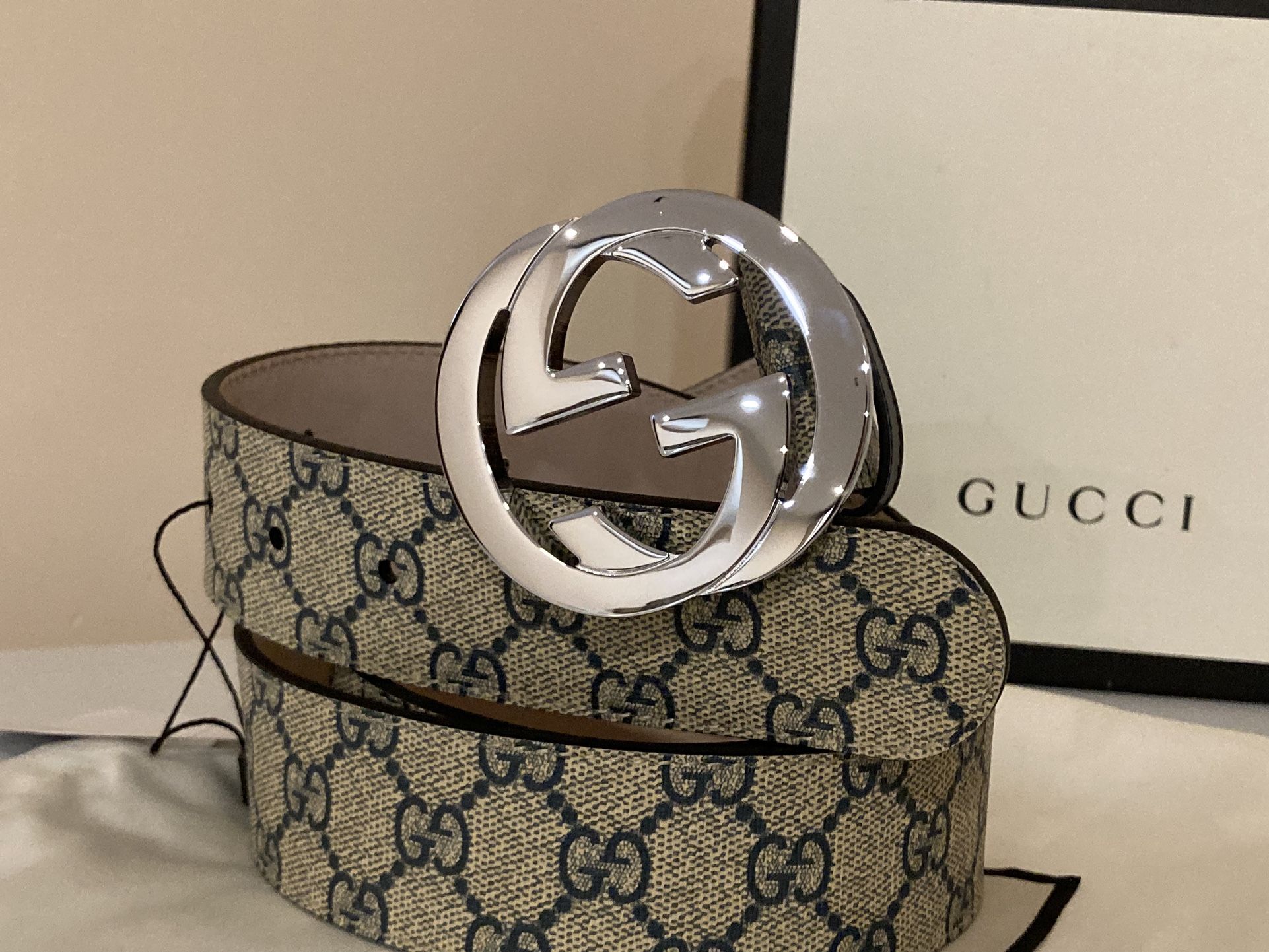 Gucci Supreme Blue Beige Mens Leather Belt With Silver Buckle