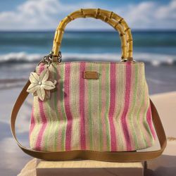 Relic Striped Crossbody Bag with Bamboo Handles 14x10 Purse Flower Charm EUC