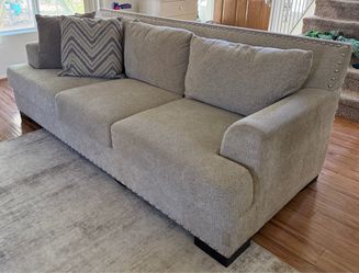 Beige Fabric Sofa with Nailhead Trim