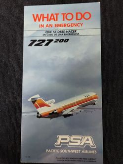 Vintage 1980  "What to do in an emergency" card, PSA/Pacific Southwest Airlines, 727-200
