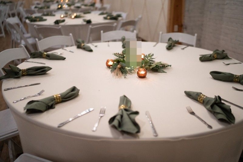 Wedding Decorations, Arch Drapes And Flowers, Amber Votives, Sage Green Napkins with Geometric Rings