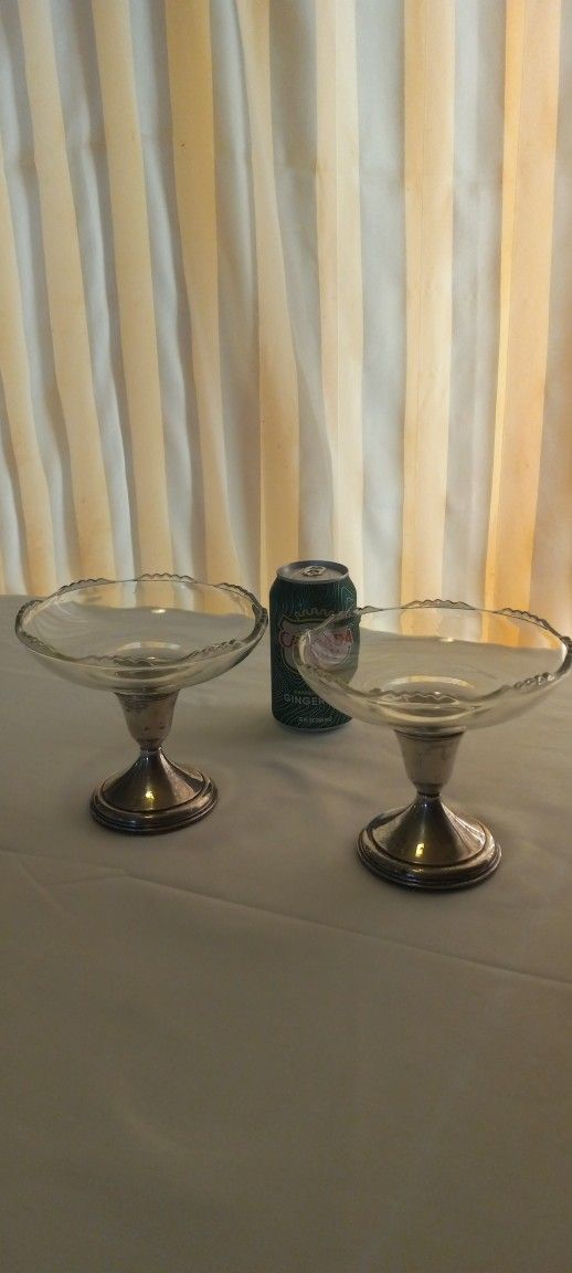 Vintage Sterling Silver And Glass Pedestal Compote Candy Dish Pair Of 2 Read Description