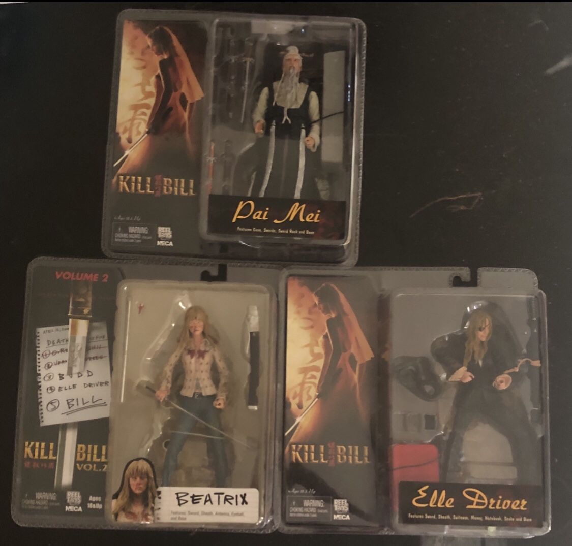 Kill Bill NECA Reel Action Figures Pai Mei, Elle Driver, Beatrix Lot Uma, Daryl, Gordon