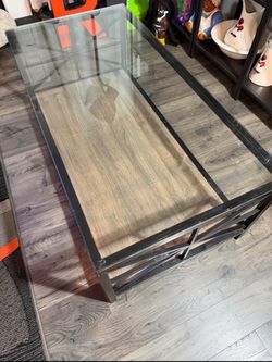 Walker Edison style: Glass top, Slate Grey and black metal coffee table
