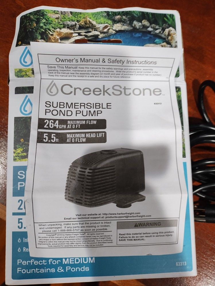 CREEKSTONE 264 GPH Submersible Pond Pump.... CHECK OUT MY PAGE FOR MORE ITEMS