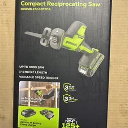 Greenworks POWERALL 24V Cordless Brushless 1in Recip Saw with 2Ah Battery and Charger, BRAND NEW 