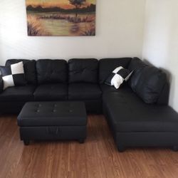 New Black Leather Sectional With Ottoman, Chaise And 2 Pillows Brand New 