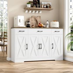 Assembled Buffet Cabinet with 3 Drawers and 4 Doors, 55.1” W Kitchen Sideboard Storage Cabinet with Adjustable Shelves, Farmhouse Coffee Bar Cabinet f