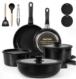 Nonstick Pots and Pans Set - 20 Pack KIKCOIN Stackable Cookware Set with Detachable Handle, RV Kitchen Cooking Set with Removable Handles - Oven Safe,