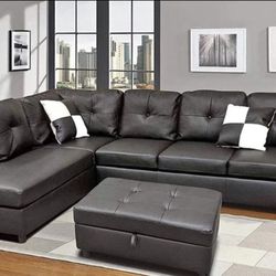 Black Leather Sectional Couch and Ottoman