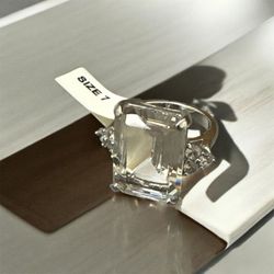 White Gold Emerald Cut Silver Engagement Ring (Size 7) 