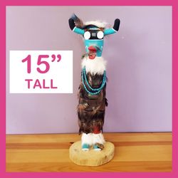 Salako Kachina Doll 15" Southwestern Navajo Vintage Signed BB Blue Wood Feathers