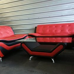 Brand New Black & Red Leather Sofa & Loveseat (Small Damaged Shown In Pictures)