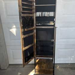 Jewelry Armoire, Lockable Jewelry Organizer with Tall Full-Length Mirror, Bottom Drawer, Shelf, Casters, Jewelry Cabinet, Gift Idea, Rustic Brown and 