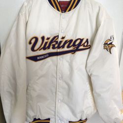 Minnesota Vikings Full-Snap Reebok White Nylon Outer/Satin Lined Jacket Men’s Size Large 