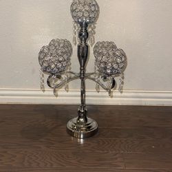 5 Arm Silver Crystal Beaded Globe Candelabra Candle Holder