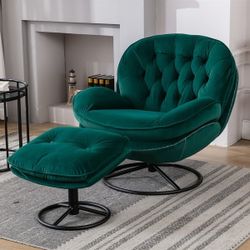 Green Velvet Papasan / Swivel Accent Chair w/ Ottoman [NEW IN BOX] **Retails For $600