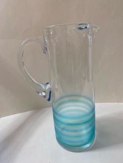 Clear Glass Pitcher with Teal Swirl Design