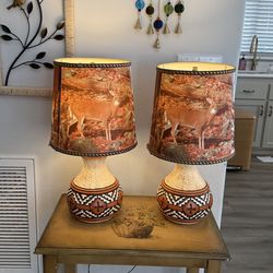 Vintage 80’s Southwestern Pottery Lamps with Rustic Deer 3-Sided Shades