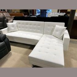 WHITE PU Tufted Reversible Sectional Sofa  sleeper bed  Bed
