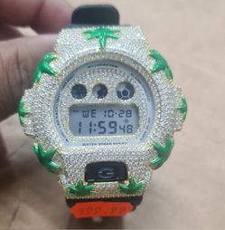 Casio G-Shock Digital Resin Strap Quartz DW-6900WD-1 200M Men's Watch Iced Out Weed Leaf