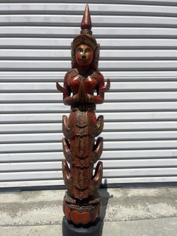 Vintage Southeast Asian Wood Carved Gold Leaf Finished Buddha Deity Guardian Statue Temple Figure