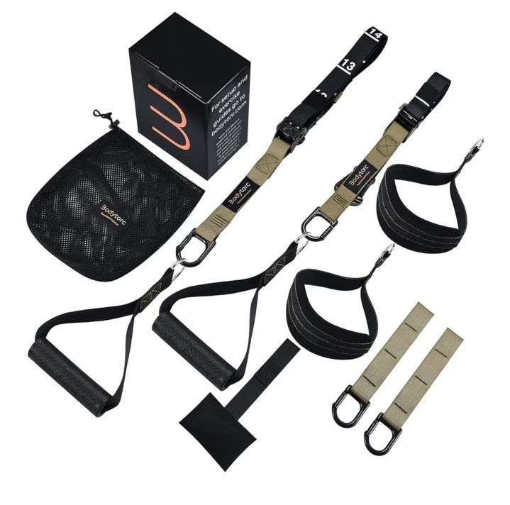 Suspension Trainer, Bodyweight Training Straps for Full Body Workouts at Home, Includes Door Anchor, Extension Arms and Advanced Foot Straps. Green