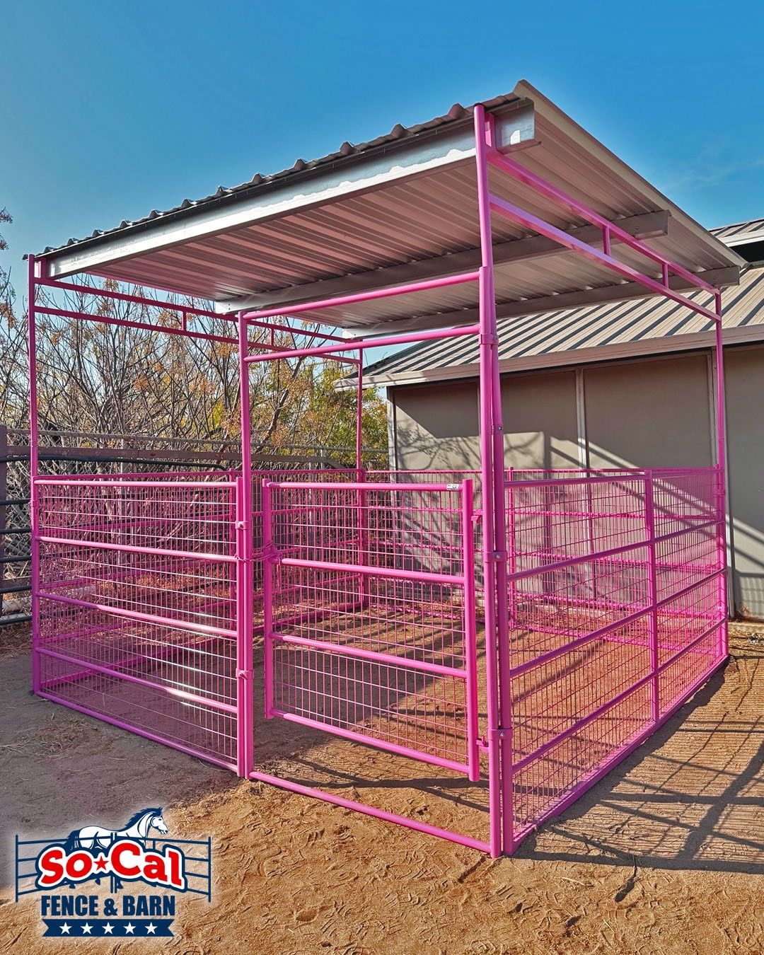 12x12 Pink Horse Stall Welded Wire With Shelter Cover