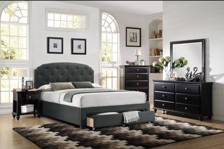 Studded Burlap Grey Queen Bed w Pull Out Drawer!!!! 