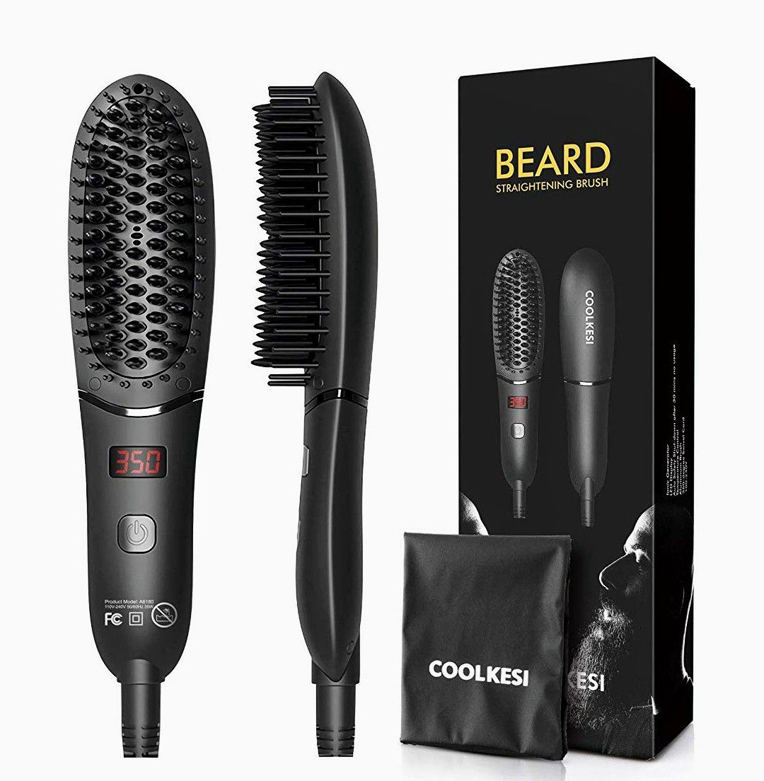 Ionic Beard Straightener for Men, Anti-Scald Hair Straightening Brush with Fast Heating, Portable Ceramic Heat Brush Comb for Home or Travel