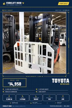 TOYOTA 8FGCU25 forklift for sale, 5500 lb,3 stage, reach carriage EXCELLENT