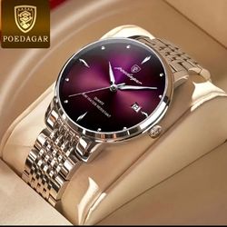 POEDAGAR Men's Luxury Quartz Watch - Elegant Purple Dial with Calendar, Luminous