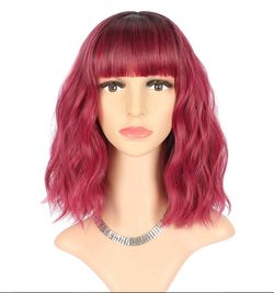 Dark Red and Black 14” Ombre Short Wave Bob Synthetic Wig Cosplay Halloween