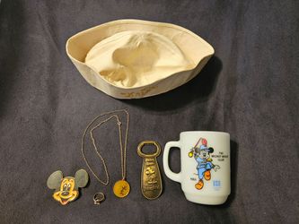 Disney's Mickey Mouse Memorabilia: Necklace, Ring, Pin, Cup, Hat, Bottle Opener