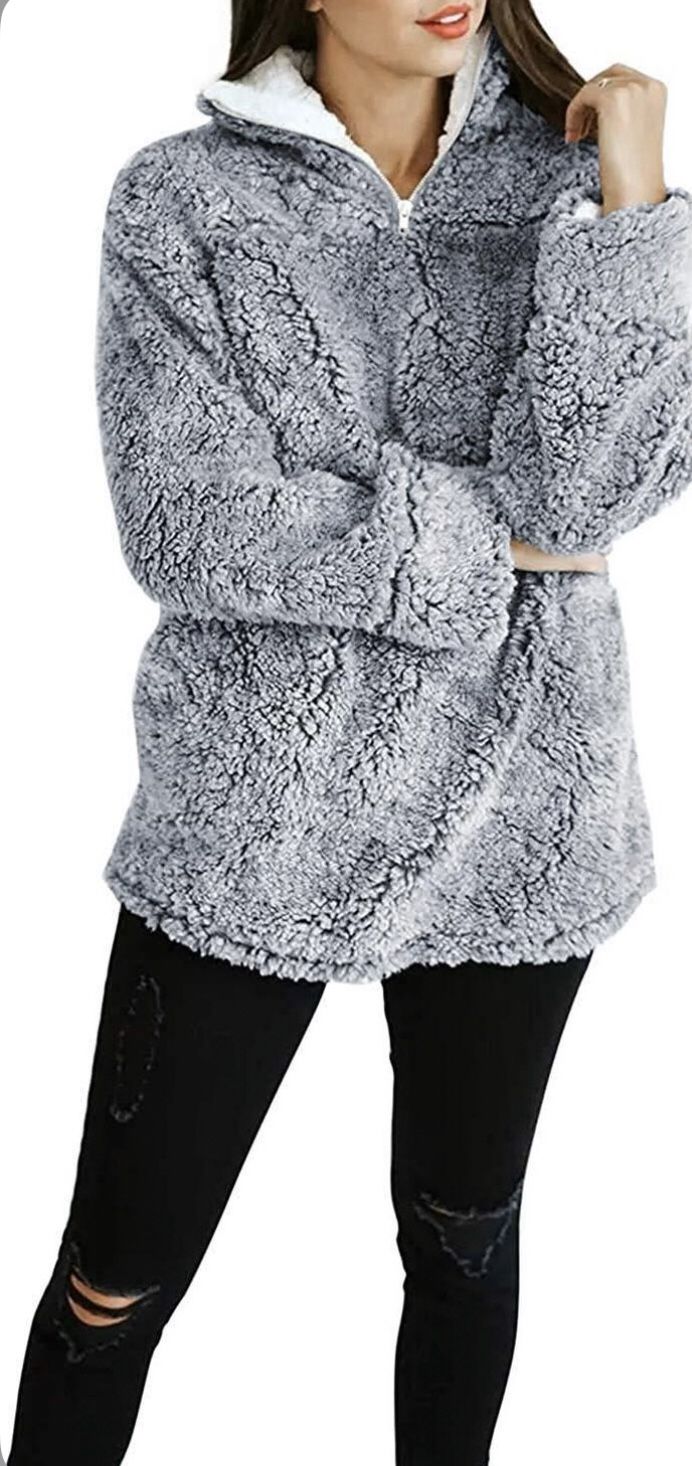 (Size M) ZESICA Women's Autumn Winter Long Sleeve Zipper Sherpa Fleece Sweatshirt Pullover Jacket Coat