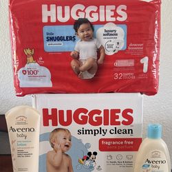 Baby Essentials Bundle: Huggies Diapers & Wipes and Aveeno Baby Wash & Lotion