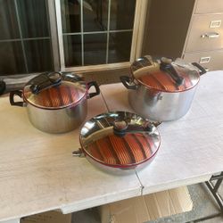 Royal Prestige 12qt/30cm, 200T/35cm,& 14”/35cm. Which Is A Highly Stainless Steel Pots Three Of Them.