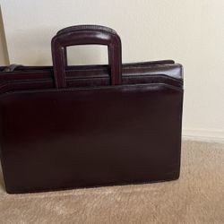 BURGUNDY LEATHER ATTACHE CASE WITH COLLAPSIBLE HANDLE & SHOULDER STRAP