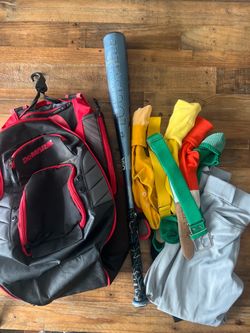 Youth baseball equipment bundle - DeMarini bag plus Louisville bat and clothes
