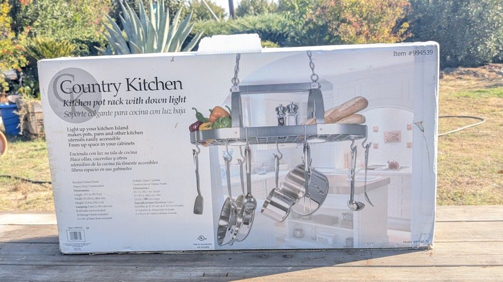 Country Kitchen Pot Rack with Down Light Brushed Nickel Finish Model P1906/1