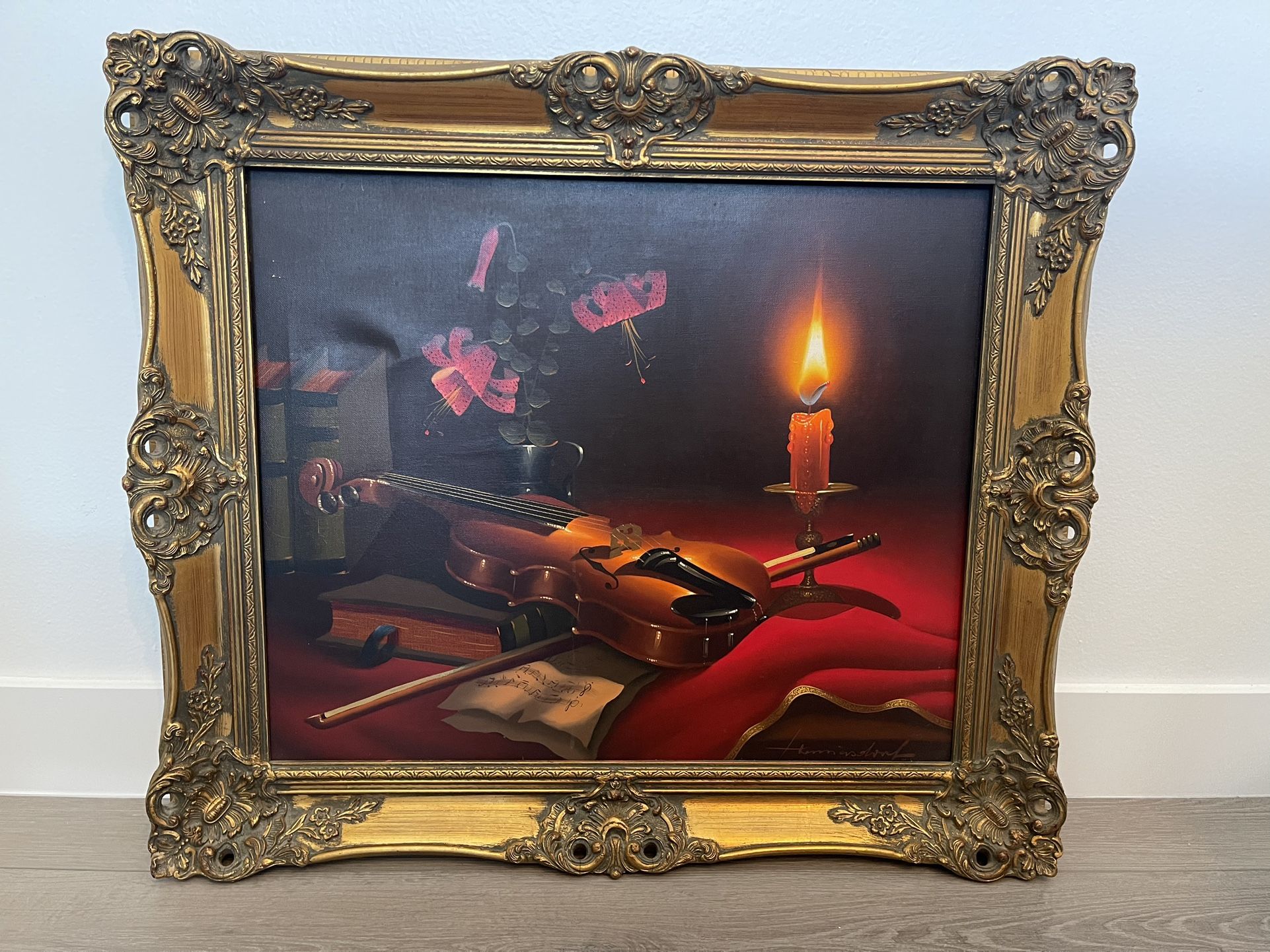 Vintage Canvas Still Life Art Oil Painting Gold Wooden Frame by J. Hennersdorf 26”x30”
