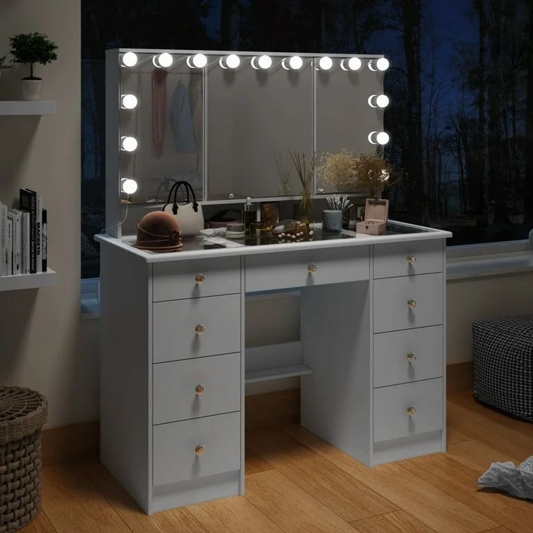 Modern Adult Vanity Table Set with Glass Top, Mirror, LED Lights, and 9 Drawers
