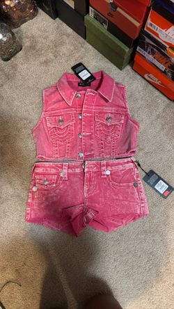 True Religion Pink Denim Short and Vest Set