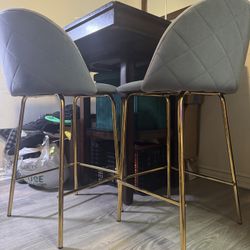 Set of 2 Modern Upholstered Bar Stools with Gold Metal Legs – Gray Velvet