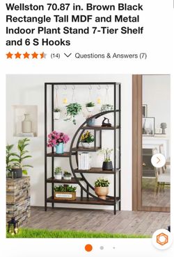 Wellston 70.87 in. Brown Black Rectangle Tall MDF and Metal Indoor Plant Stand 7-Tier Shelf and 6 S Hooks