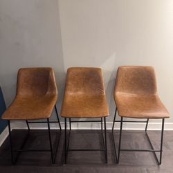 Counter Height Modern Kitchen/Dining Stools (Set of 4), 24” Tall, Brown Leather