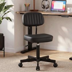 Morkprism Small Office Chair,Tall Armless Vanity Desk Chair,Stool with Back,Black 19.7"-26"Adjustable Height,Ergonomic,Soft PU Leather,Swivel,Rolling,