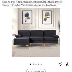 Casa Andrea Milano modern large velvet fabric sectional sofa with extra wide chaise lounge with golden legs