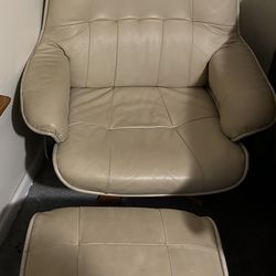 Leather beige chair with ottoman 